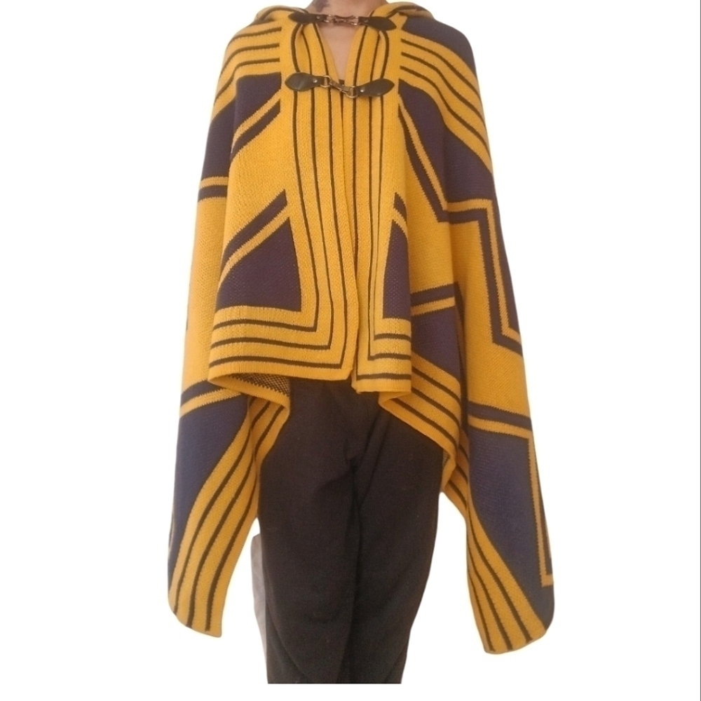 Mouvance Paris Nuuk Hooded Cape Yellow Purple Geometric Graphic Poncho One Size - Picture 3 of 5